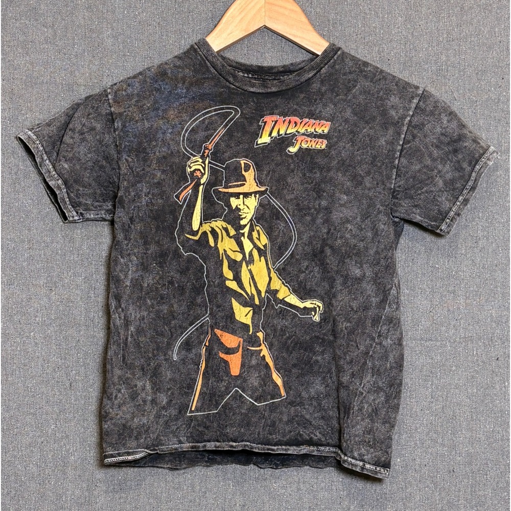 Indiana Jones Kids Acid Wash Graphic T-Shirt Charcoal Grey Size Medium Cotton